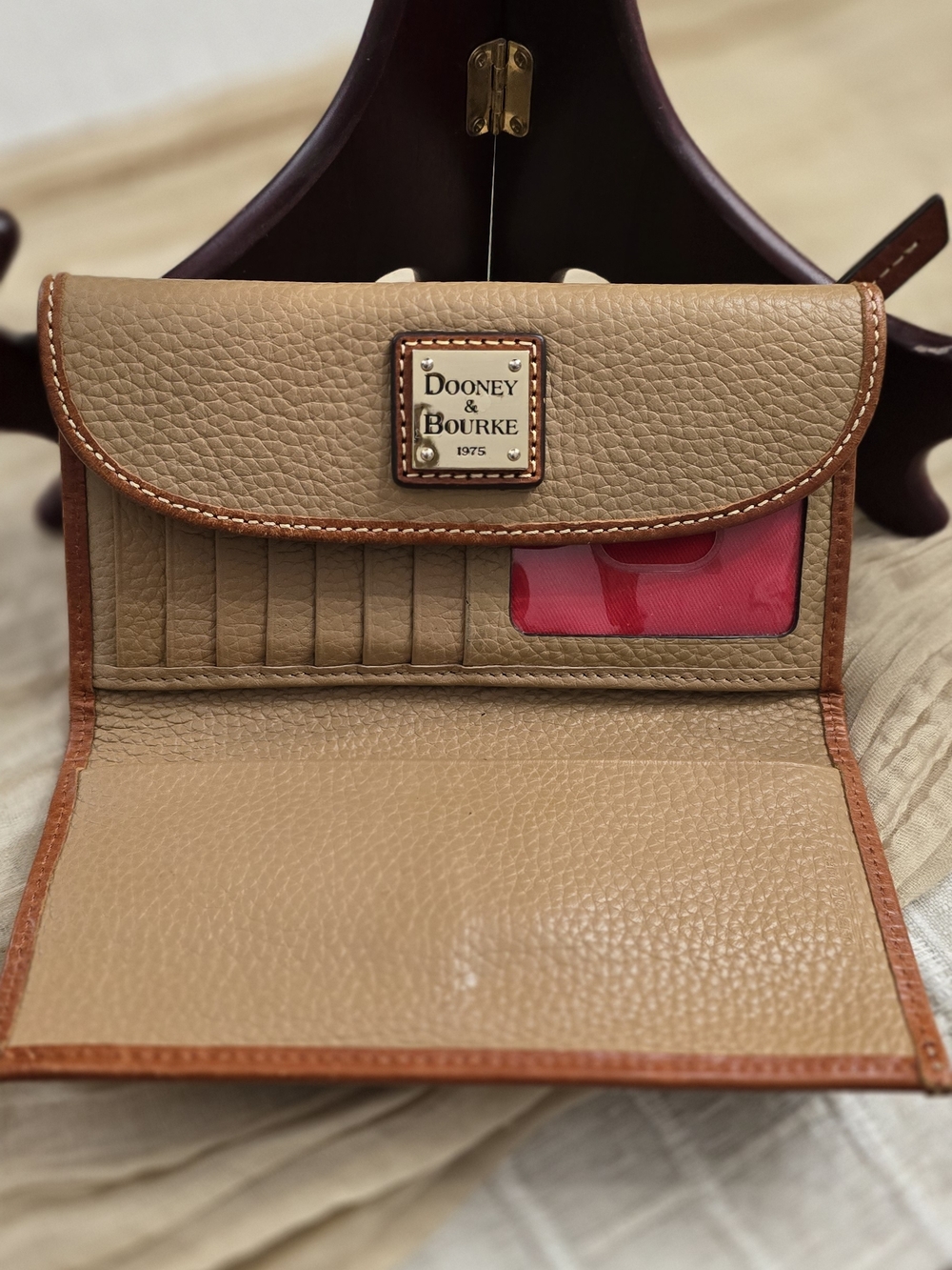 Dooney & Bourke Taupe Pebbled Leather Wallet with Brown Trim - Picture 2 of 4